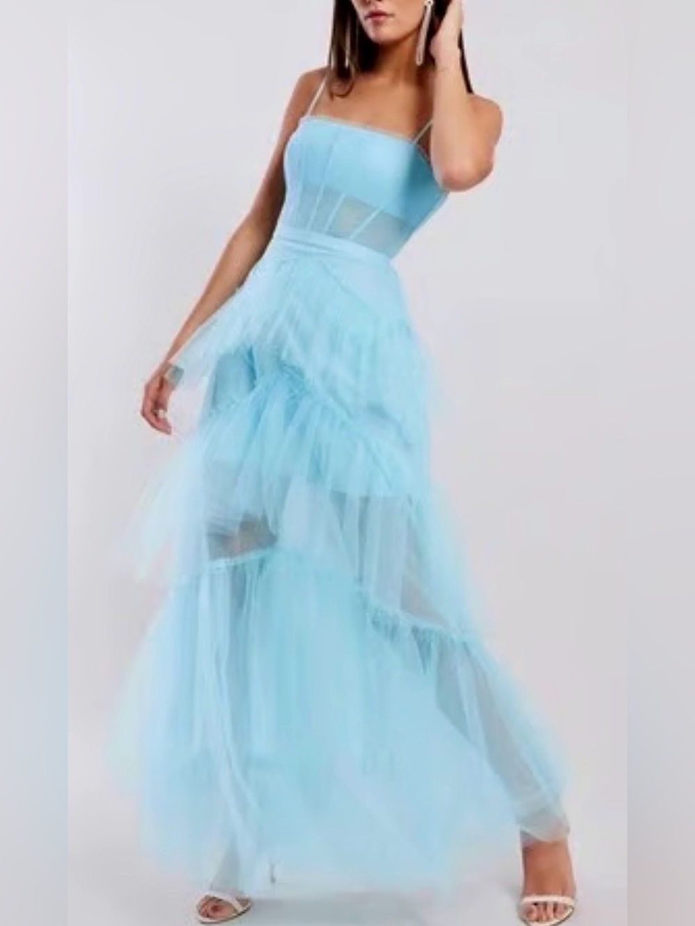 NWT BCBGMaxAzria Aqua Blue Tiered Tulle Maxi Dress